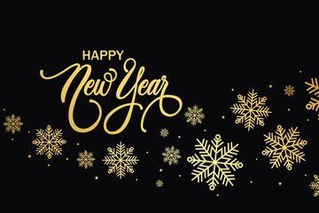 Happy new year banner. Vector illustration of a happy new year in gold and black colors. Beautiful inscription. Background for the holiday.