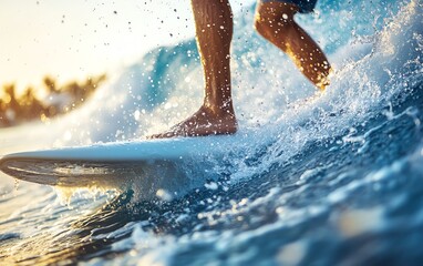An actionpacked closeup of a surfer catching a perfect wave, with water droplets flying and sunlight glistening on the ocean s surface