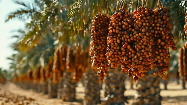 Close-up of ripe dates hanging on palm tree branches in a date farm.