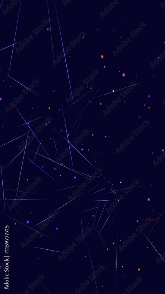 Poster Vertical Abstract animation of brightly colored light lines and dots connecting and intersecting in dark space, digital networking data management 