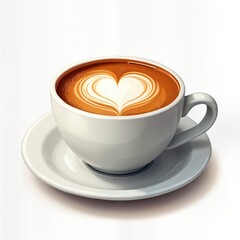 Close-up image of hot latte art in white cup on saucer. Heart-shaped latte art beautiful design on creamy milk foam. Enjoyable morning coffee. Perfect breakfast drink. Delicious hot drink. Romantic