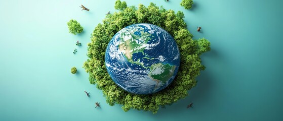 Earth Day concept with a green Earth, abundant trees, wildlife, and oceans, symbolizing ecofriendly choices to preserve nature for future generations