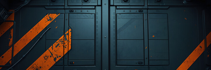 Industrial safety warning stripes pattern on metal wall panels background, hazard caution lines, industrial design element