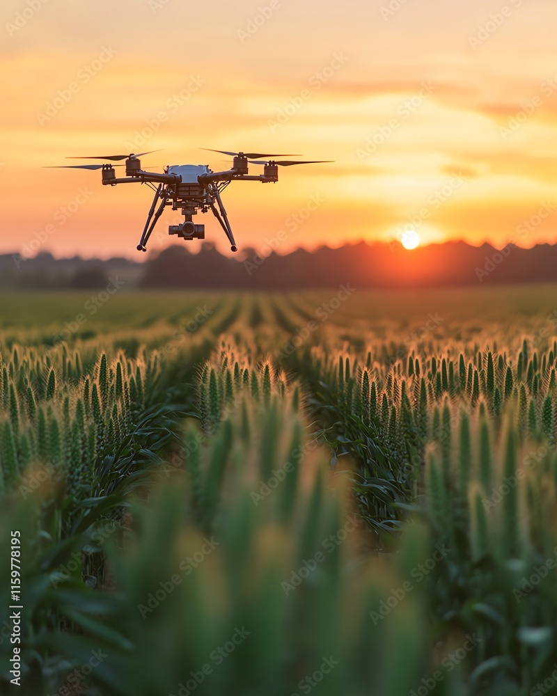 Poster an agricultural landscape transformed by robot farmers, utilizing automated systems, drones, and ai 