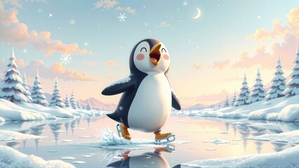 Fototapeta premium Cheerful penguin ice skating on frozen lake at sunrise in winter wonderland