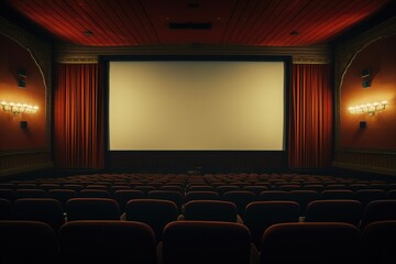 Movie theater with a red curtain and empty seats. The theater is empty and the screen is blank