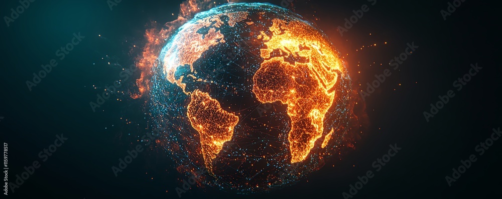 Poster a dynamic digital earth with vibrant lines of data transfer, cyber technology elements, and glowing 
