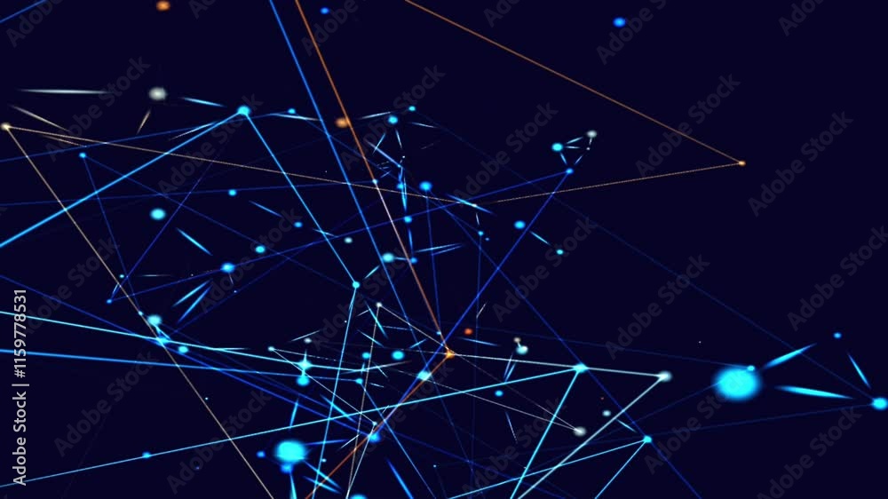 Poster Abstract animation of brightly colored light lines and dots connecting in dark space, digital networking data management 