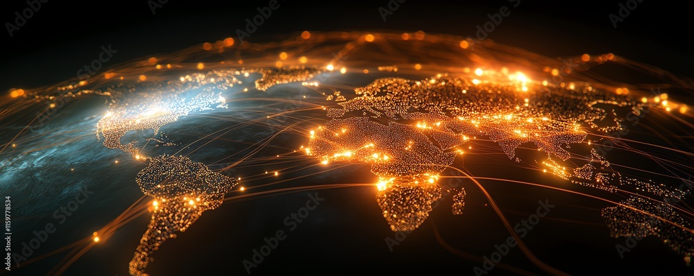 Aufkleber A dynamic digital Earth with vibrant lines of data transfer, cyber technology elements, and glowing network nodes connecting major cities worldwide
