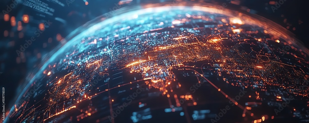 Aufkleber a dynamic digital earth with vibrant lines of data transfer, cyber technology elements, and glowing 