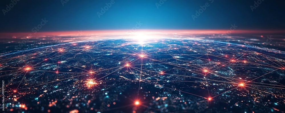 Poster a dynamic digital earth with vibrant lines of data transfer, cyber technology elements, and glowing 