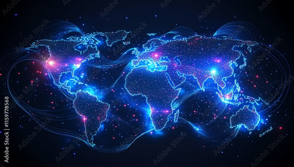 Fototapete A futuristic concept of global network connectivity on Earth, with glowing digital lines and data streams connecting continents, symbolizing cyber technology