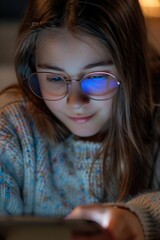 Obraz premium A girl wearing glasses is completely focused on her smartphone, highlighting the impact of technology and screen time.