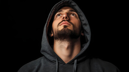 Athletic man in a hoodie gazing upwards with a wistful expression capturing themes of choice and reflection in a studio portrait. Wistful. Illustration