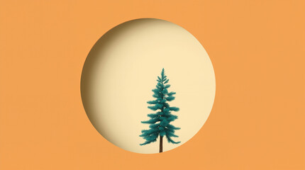 Minimalist Pine Tree Silhouette in Circle Frame on Orange Background, Simple Nature Art Design for Contemporary Decoration