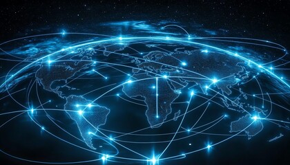 Obraz premium A futuristic concept of global network connectivity on Earth, with glowing digital lines and data streams connecting continents, symbolizing cyber technology