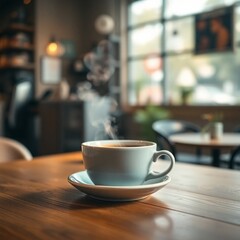 Fototapeta premium Cup of coffee on a wooden table, softly blurred coffee shop interior background.