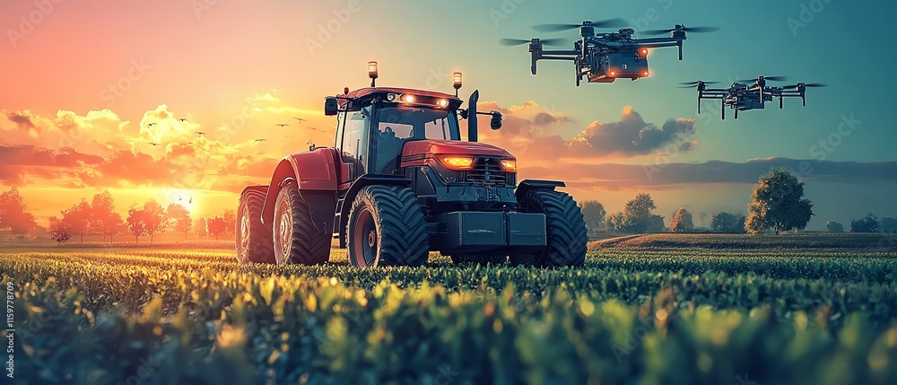 Poster A futuristic robot farmer working in a field, surrounded by autonomous machines, drones, and smart sensors, optimizing agriculture with technology