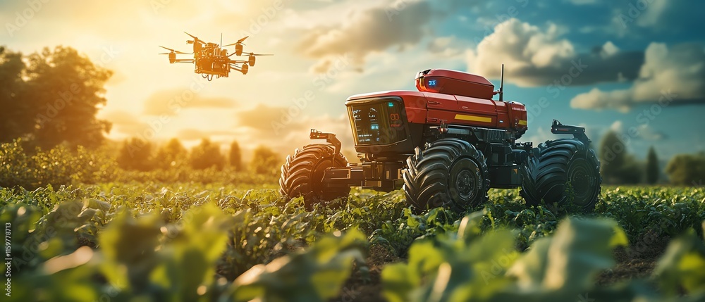 Poster a futuristic robot farmer working in a field, surrounded by autonomous machines, drones, and smart s
