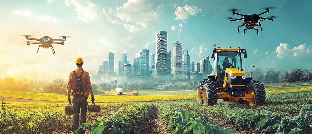 Poster a futuristic robot farmer working in a field, surrounded by autonomous machines, drones, and smart s