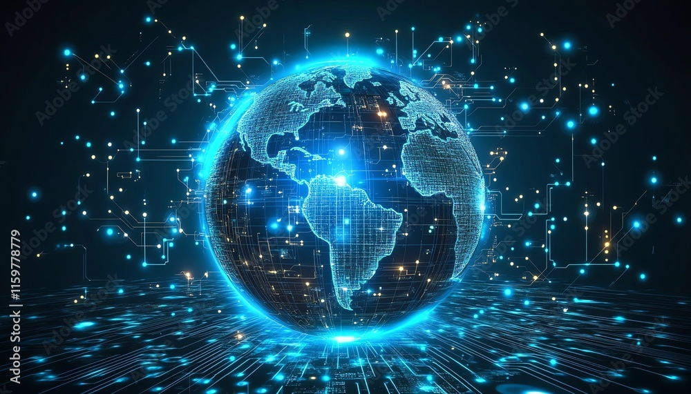 Aufkleber A global network on Earth with glowing data pathways and connected digital nodes, illustrating the power and reach of modern cyber technology and data transfer