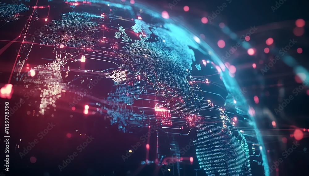 Fototapete A global network on Earth with glowing data pathways and connected digital nodes, illustrating the power and reach of modern cyber technology and data transfer