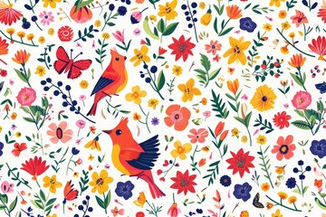 Colorful print with birds on flowers