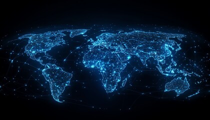 Obraz premium A global network map showing glowing data pathways between continents on Earth, symbolizing seamless data transfer and cuttingedge cyber technology