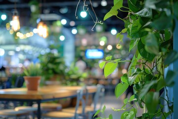 Vibrant urban eatery ambiance, featuring a contemporary setting with abundant greenery from hanging plants, offering a fresh dining atmosphere.