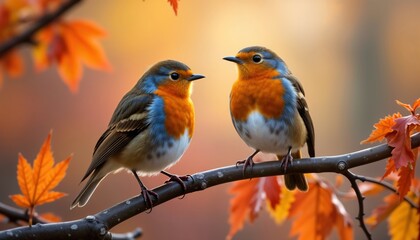 Fototapeta premium Two robins perch on branch with autumn leaves. Brightly colored. Scene calm, peaceful with warm sunlight. Beautiful autumn nature background. Birds in natural habitat. Tranquil morning light.