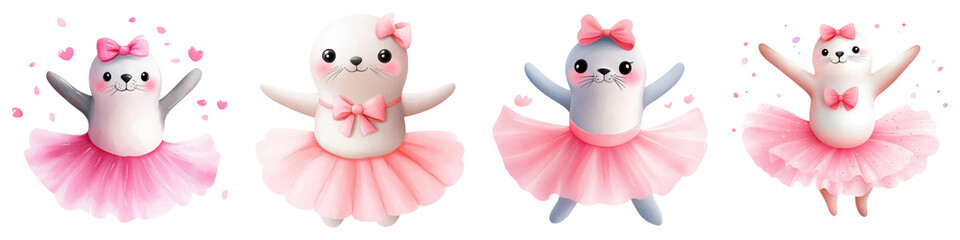 Cute, cartoonish seals dressed in pink ballet tutus, showcasing joyful poses and playful expressions.