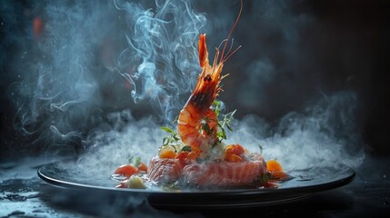 Smoked salmon and shrimp dish with dry ice.