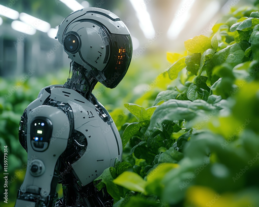 Poster a robot farmer in a lush, automated farm, surrounded by advanced machinery and sensors, revolutioniz