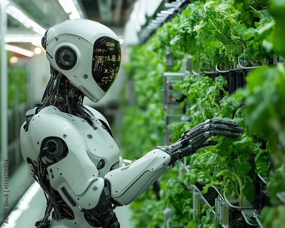 Poster a robot farmer in a lush, automated farm, surrounded by advanced machinery and sensors, revolutioniz