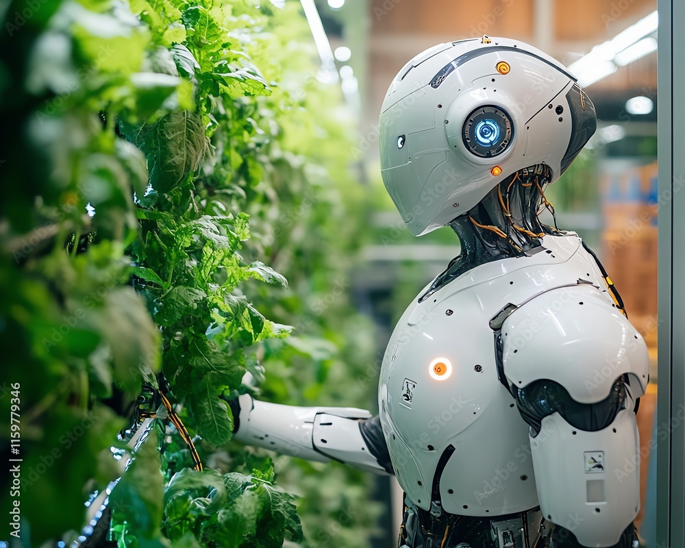 Poster a robot farmer in a lush, automated farm, surrounded by advanced machinery and sensors, revolutioniz