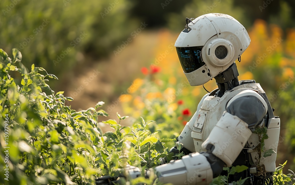 Poster a robot farmer using advanced technology to monitor crop health, irrigate fields, and harvest produc
