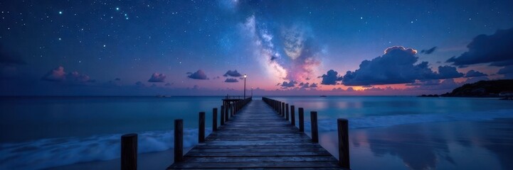 Obraz premium Starry night, tranquil beach, wooden pier extending into ocean , landscape, nature