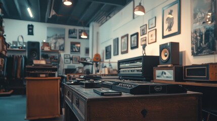 Vintage music studio equipment displayed on a wooden desk in a retro shop.