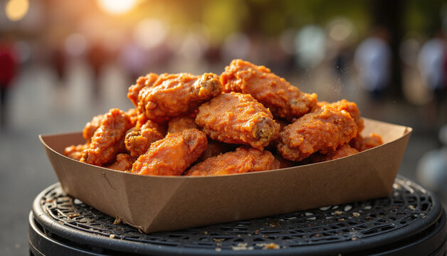 Spicy Buffalo Wings in Takeaway Box on Metal Table Evening Urban Setting