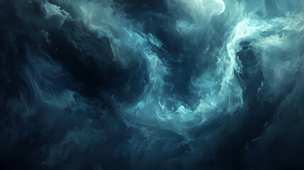 Ethereal blue smoke swirling against a dark background, swirling vapor, spectral mist, wistful atmosphere, twilight ambiance. Wistful. Illustration