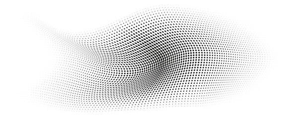 Flowing Wave Dot Halftone Pattern: Curve Gradient Shape on Transparent Background. Suitable for AI, Tech, Network, Digital, Science, and Technology Themes.