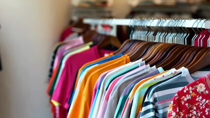 Vibrant wardrobe: colorful clothes on wooden hangers displayed in fashion boutique