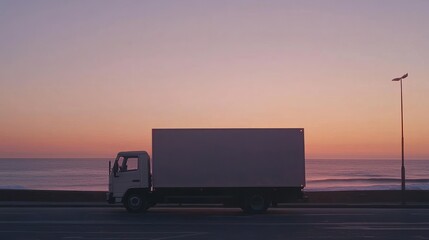 Delivery truck parked by ocean at sunset.