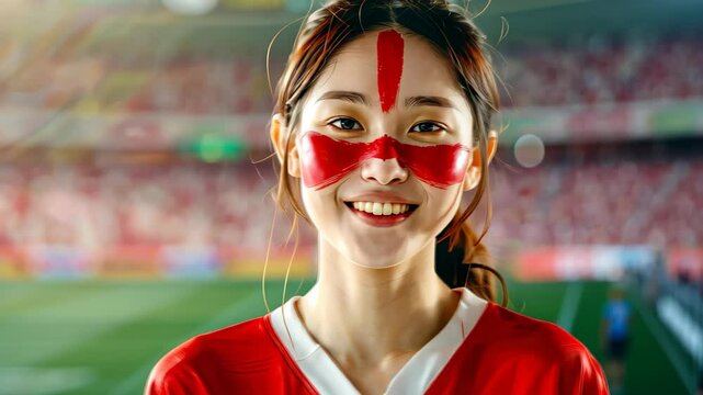 Energetic Japanese fan at sports event with face painted in Japan flag colors, red and white, cheering enthusiastically.