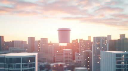 Obraz premium Coffee cup levitating over city skyline at sunrise.