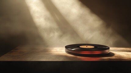 Obraz premium Vinyl record on wooden surface with dramatic lighting and smoke.