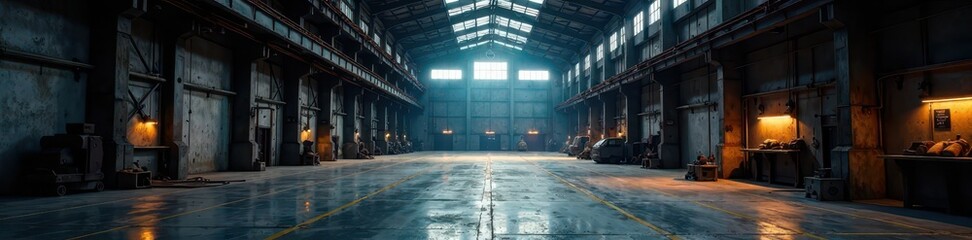 Vast, echoing factory interior; high ceilings, stark lighting, large hall, vast space
