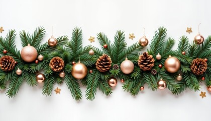 Christmas tree branches form festive garland on white background. Rose gold baubles, pinecones complement evergreen branches. Decorative elements create holiday border. Perfect for new year cards