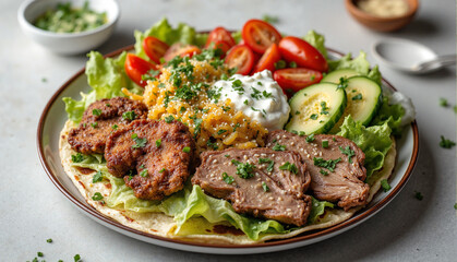 Greek Gyros Plate with Fresh Vegetables and Tzatziki in Minimalist Setting