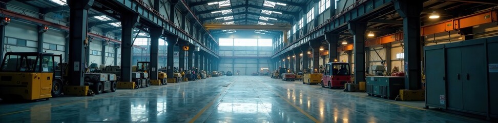 Vast, high-ceilinged factory interior, industrial lighting, pipes, lights